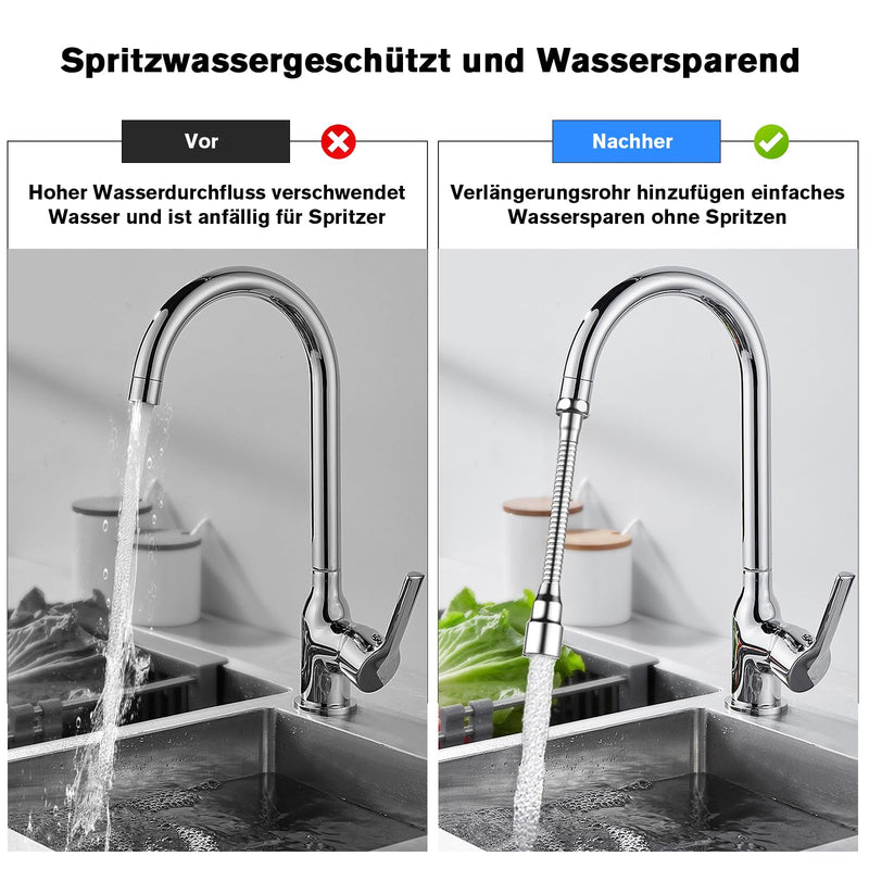 QINGHEC Pack of 2 Flexible Tap Extensions, 360° Rotating Tap Attachment Extension, Multifunctional Tap Extender, Stainless Steel for Kitchen and Bathroom, 20 cm