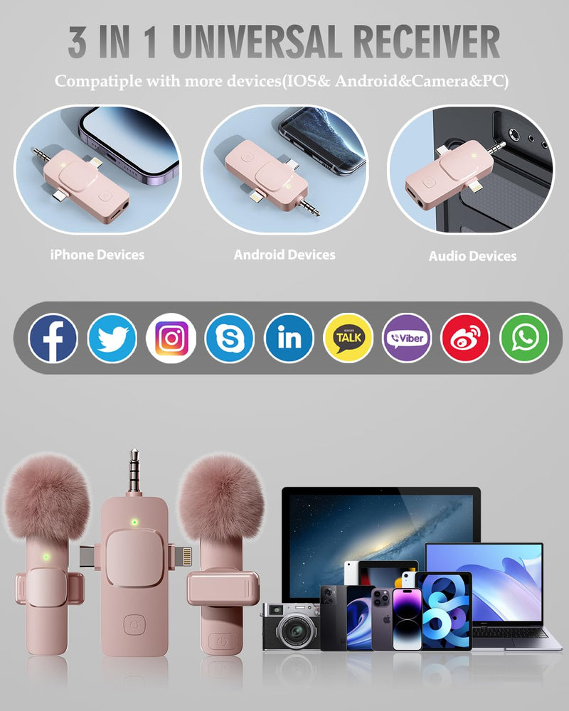 [AUSTRALIA] - PQRQP 3 in 1 Wireless Lavalier Microphone for iPhone, iPad, Android, Camera, Mini Microphone, 7-Hour Battery, High Definition Sound Quality for Interview, Video Podcast, Vlog (Pink) Pink 