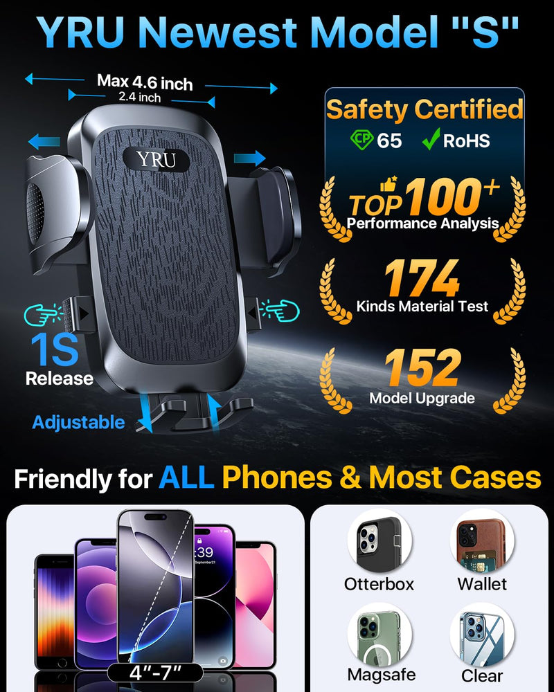 YRU [2026 Ultimate Car Phone Holder Mount [Bendable & Adjustable Aluminum Arm] Cell Phone Holder for Car Dashboard Windshield Phone Stand for iPhone 17 16 15 14 Pro Max Samsung Pickup Truck, Black