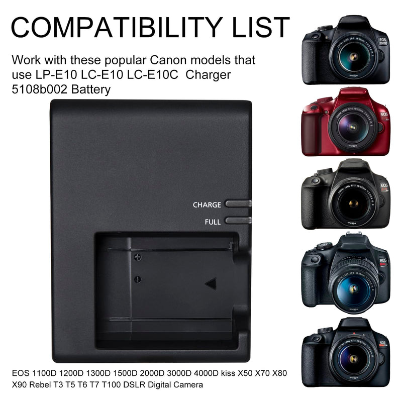 LC-E10E Quick Charger for Canon: LP-E10 LC-E10 LC-E10C Compatible Battery EOS 1100D 1200D 1300D 1500D 2000D 3000D 4000D kiss X50 X70 X80 X90 Rebel T3 T5 T6 T7 T100 DSLR Digital Camera (Black)