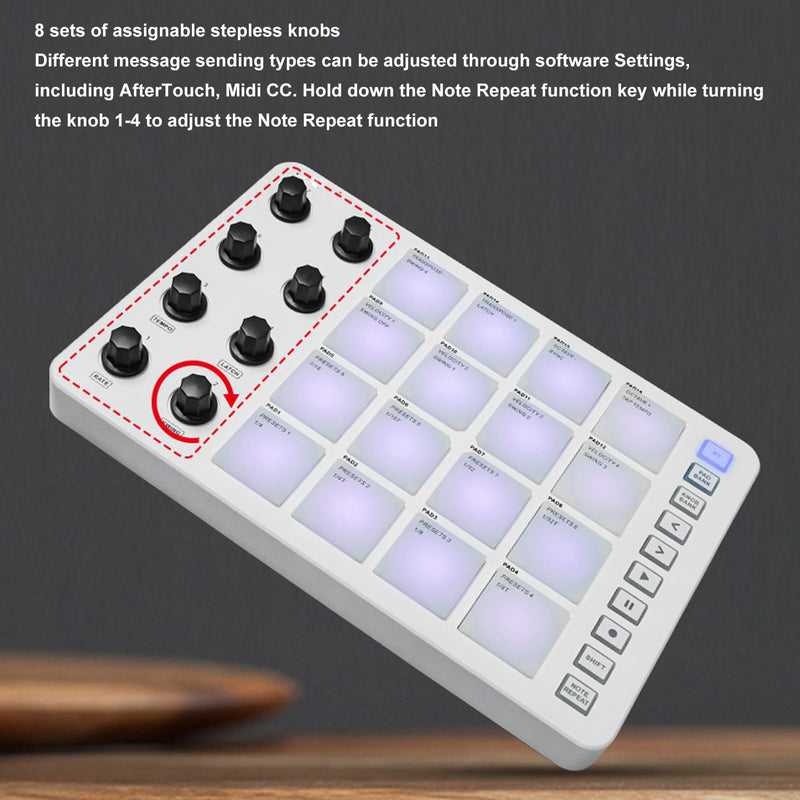 MIDI Pad Controller, Portable SMC PAD Bluetooth MIDI Controller with 16 RGB Backlit Pads, 8 Assignable Knobs, Note Repeat, Full Level Buttons, 3.5mm MIDI Output