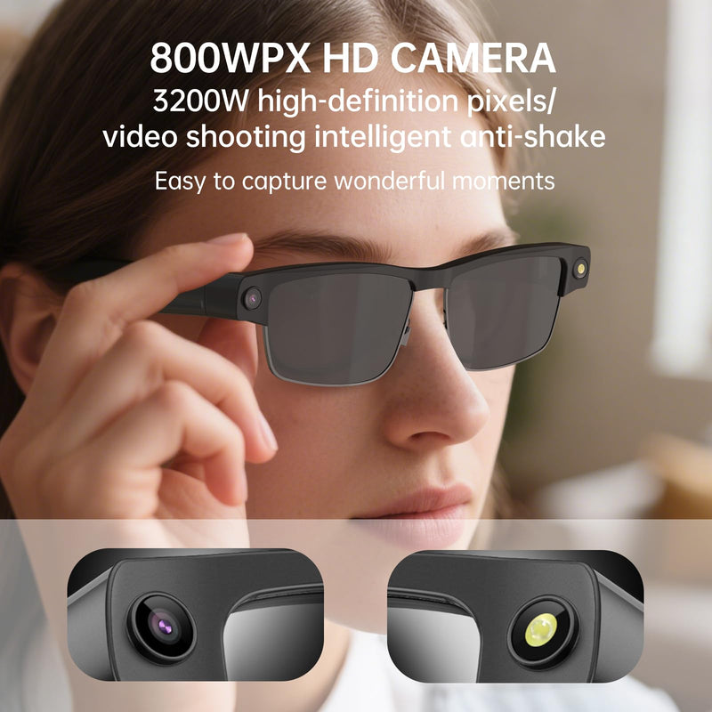 Smart Bluetooth Glasses with HD Camera –1080P Video Recording, AI Voice, Chatgpt, Open-Ear Audio, Music,Call, ANC Mic,Fashion Smart Sunglasses with Outdoor UV Protection,Wifi,Translation for Men Women Black