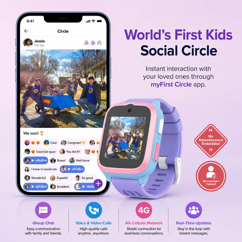 myFirst Fone S3+ Kids Smart Watch 4G GPS Smartwatch for Kids, with eSIM | Video Voice Call, 2MP Camera, GPS Tracking, Text, Waterproof eSIM Dual Band, Gift for Boys Girls Age 8-12 (Cotton Candy) Cotton Candy