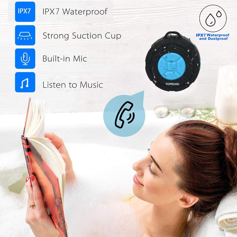 Portable Shower Speaker, IPX7 Waterproof Wireless Outdoor Speaker with HD Sound, 2 Suction Cups, Built-in Mic, Hands-Free Speakerphone for Bathroom, Pool, Beach, Hiking, Bicycle Blue