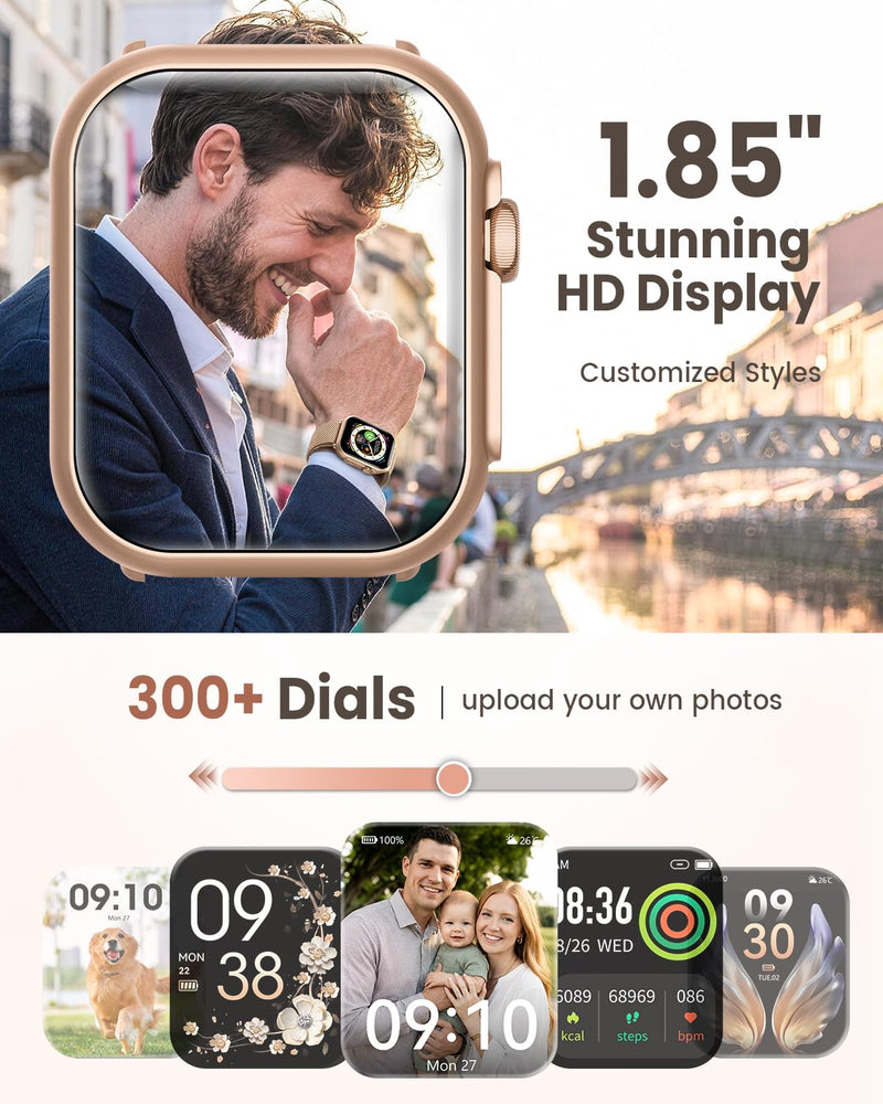 Smart Watch for Women for iPhone Android:1.85" Smartwatch Fitness Tracker | Make/Answer Call Sleep Heart Rate SpO2 Blood Pressure Monitor IP68 Waterproof 120+Sport Mode 1000mAh Battery 2Bands Pinksand 1.85