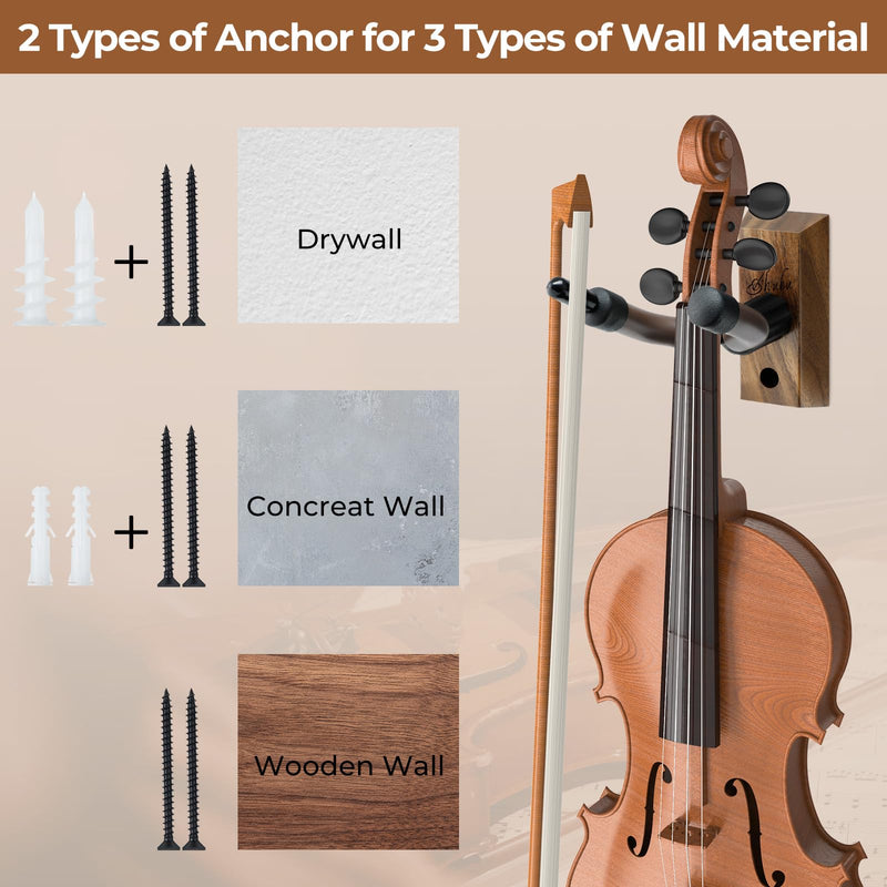 Ohuhu Violin Wall Mount Hanger, Hardwood Violin Hanger with Bow Holder for Home & Studio (2 Pack)