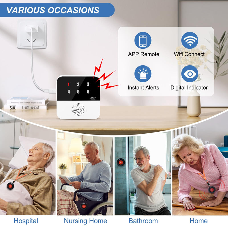 WiFi Smart Wireless Caregiver Pagers for Elderly Alert Button That Calls Cell Phone Caregiver Alert System with LED Number Display 2 SOS Call Button 1 Receiver(Only Supports 2.4GHz & No Monthly Fee) 2 Button & 1 Receiver