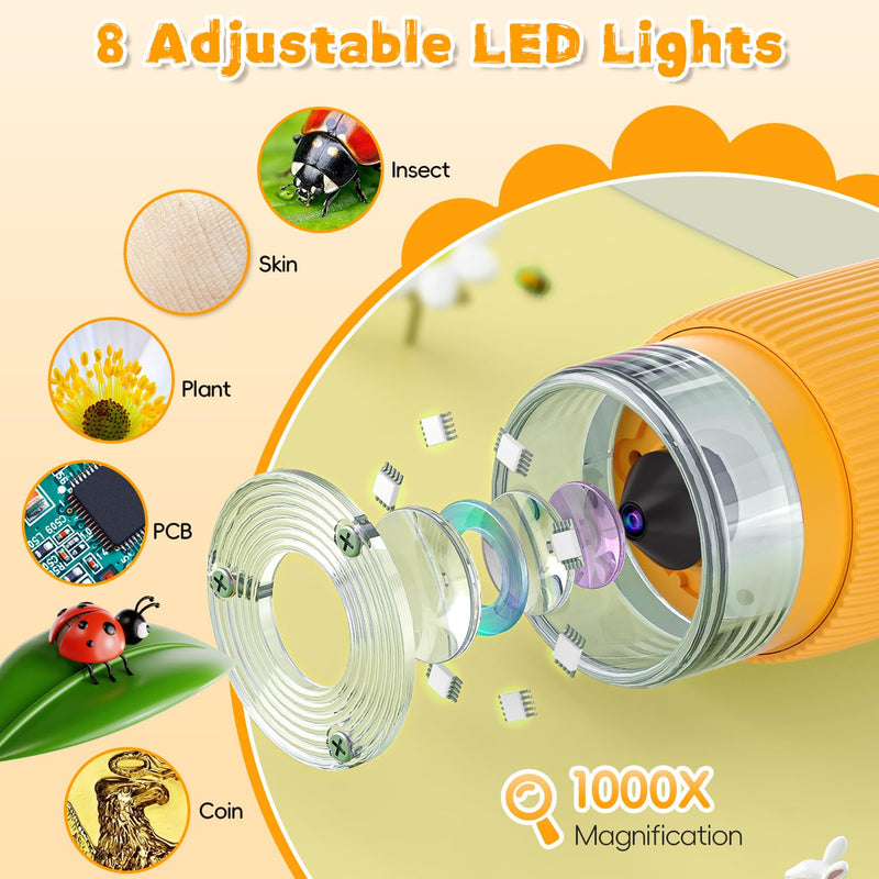 [AUSTRALIA] - Microscope for Kids, Ahalfcit 1000X Handheld Digital Microscope with 2” HD IPS Screen, Portable Mini Camera for Exploring Nature, Science Educational Toy, Birthday Gift for 3-12 Years Old Boys Girls Orange 