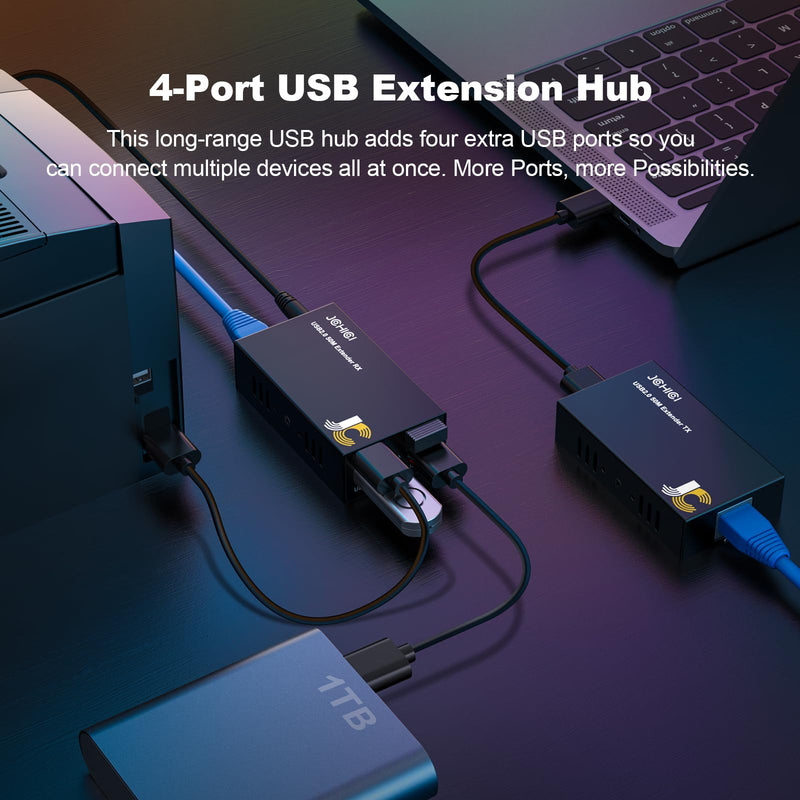 USB Extender Over Cat6/7 165ft – for Keyboard/Mouse | 4 USB 2.0 ports. Plug & play, no driver needed. POC for remote device. Extend keyboard/mouse over Ethernet.
