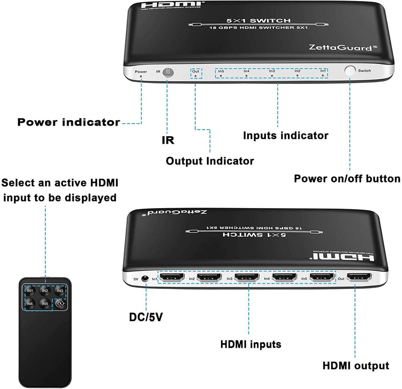 [AUSTRALIA] - 4K 60Hz 5 Port 5 x 1 HDMI Switch with IR Remote Control HDMI 2.0 Switcher Support 18Gbps 4K x 2K 3D HDCP 2.2 HDMI Splitter Hub Port Switches for PS4 Xbox Apple TV Fire Stick Blu-Ray Player 5 In 1 Out 