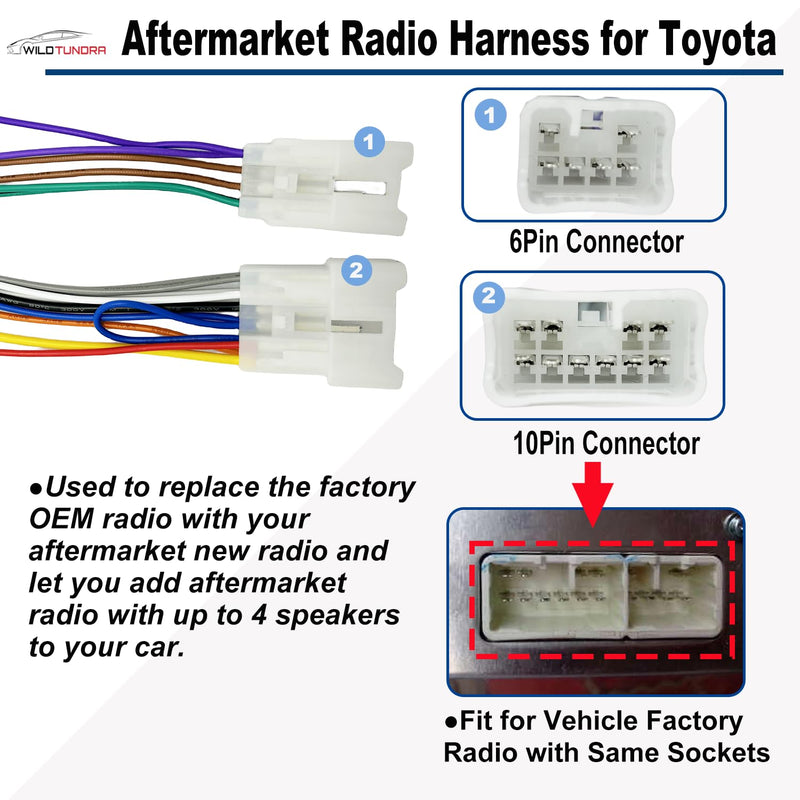 10Pin&6Pin Radio Wiring Harness with Antenna Kit compatible with Toyota Camry Corolla RAV4 4Runner Highlander Prius Aftermarket Radio Stereo Wire Harness Adapter Car Stereo Power Speaker Wire Harness Toyota, 2 Connectors with Antenna