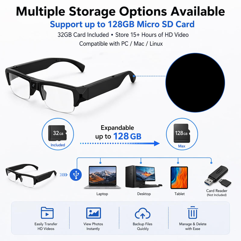 LIMIETE Spy Glasses 128 GB – 1080p HD Hidden Camera Glasses/No WiFi / 38 g Lightweight Frame / 95-Minute Recording/Plug-and-Play/USB 2-in-1 Cable/English Manual 128GB