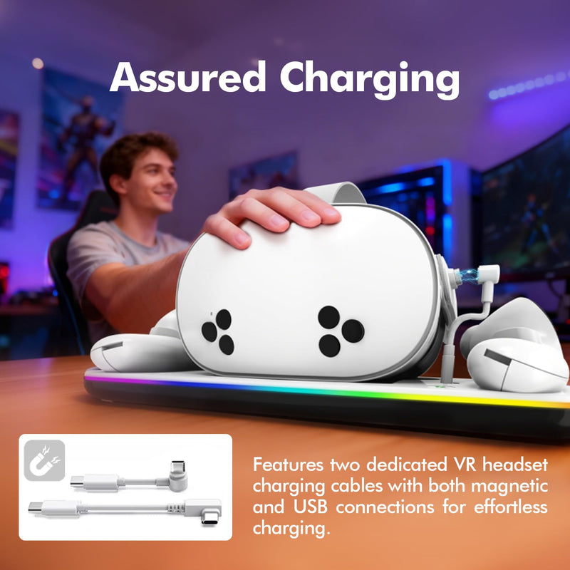 Charging Dock Compatible with Meta Quest 3/3S, Magnetic Fast Charging | Closable 9 RGB Modes, 2 Rechargeable Batteries, With USB-C Cable & Adapter, Compatible with VR Headset Controller Accessories White