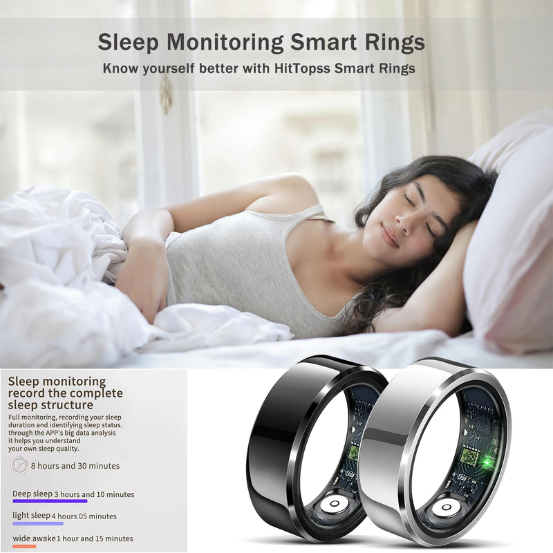 Smart Ring, Fitness Sleep Health Tracker Rings for Men Women, No APP Subscription, Sleep Tracking, Heart Rate, Blood Oxygen, IP68 Waterproof (Black, 10#)