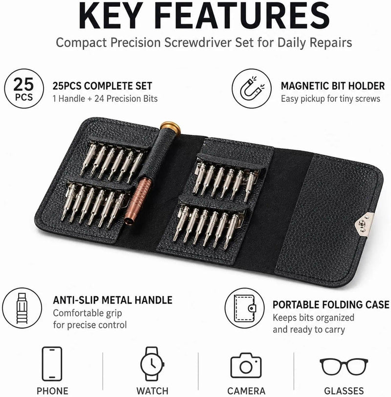 Black Mini Precision Screwdriver Set for Electronics Repair | Magnetic rotatable handle, non-slip grip, 4.2x2.5x0.6in pocket size, for smart devices & consoles.