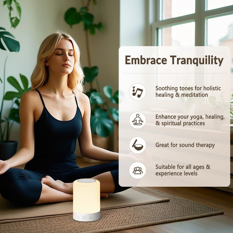 Quietbliss Tibetan Singing Bowl Machine – 9 Authentic Bowl Sounds with Adjustable Night Light for Meditation, Yoga, Chakra Healing, Stress Relief & Sleep Therapy, Timer, Portable & Touch Control
