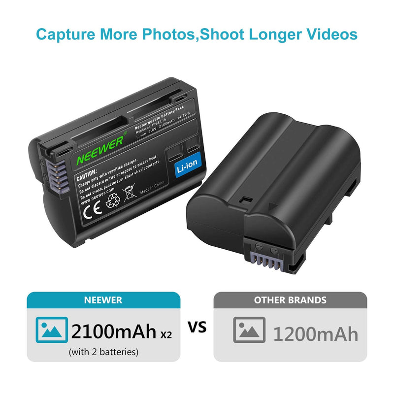 NEEWER Replacement Battery and Charger Set for EN-EL15, Compatible with Nikon Z5, Z6, Z6 II, Z7, Z7II, D780, D850, D7500, D750, D800, D7000, D7100, D7200 Batteries (2-Pack, Micro USB Port, 2100mAh)
