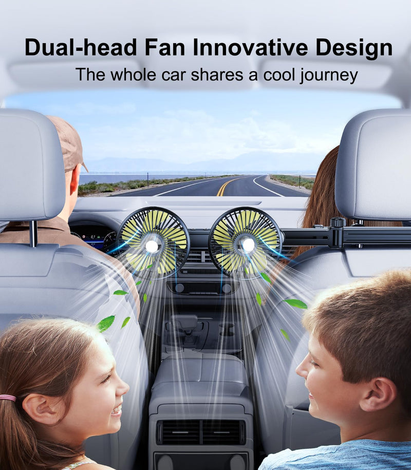 Rechargeable Fan for Car Backseat Kids with Retractable Long Arm | 360° Rotatable 3 Speeds Separate Control Car Seat Fan for Dogs Kids for Vehicles SUV RV, With Car Charger & USB C Cable Yellow - Battery