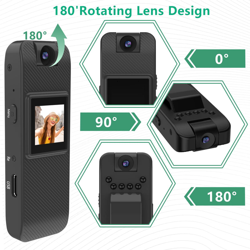 [AUSTRALIA] - 64GB Wearable Camera, Body Camera with Audio and Video Recording, 1080P Mini Portable Action Cam with 180° Rotating Lens & Night Vision for Police Law Enforcement, Cycling, Motorcycle, Sports, Travel 