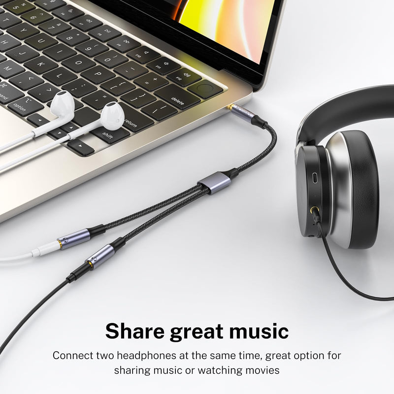 MOSWAG Headphone Mic Splitter 3.5mm Headset Y Adapter 2 Female to 1 Male 3.5mm Jack Cable, Mic Audio Splitter, Headset Splitter Cable with Separate Audio Microphone Jacks 10 Inch/25 cm Black