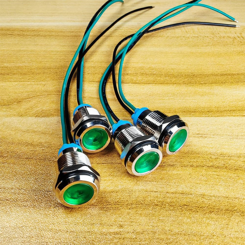 4pcs 12mm 3V-4.5V-5V-6V-7.5V-9VDC LED Metal Indicator Light Waterproof Signal Lamp Pilot Dash Directional Car Truck Boat with Wire(Green) Green