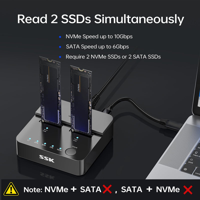 SSK NVMe & SATA SSD Cloner M.2 Duplicator Dual Bay Dock SSD to USB Adapter | For NVMe & SATA SSD, M Key/B+M Key, 10Gbps USB3.2 Gen 2, Offline Clone Duplicator, PCIe 3/4/5, Tool-Free, UASP Trim