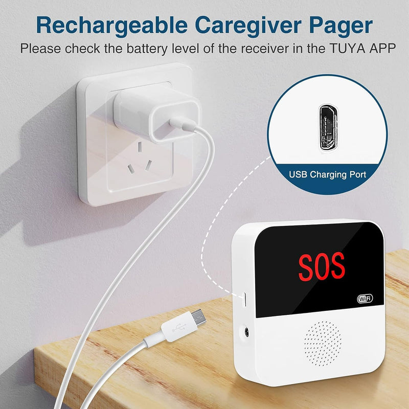 WiFi Rechargable Smart Wireless Caregiver Call Button Nurse Calling Life Emergency Alert System for Seniors Elderly Patient Disabled Kids 3 SOS Panic Buttons 1 Receiver (only Supports 2.4GHz Wi-Fi) 3 Button & 1 Receiver