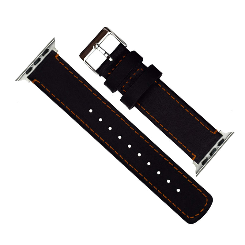 BARTON WATCH BANDS - Top Grain Leather Watch Bands Compatible with Apple Watch Models - 1, 2, 3, 4, 5, 6, 7, 8, 9, 10, SE, Ultra & Ultra 2 38 mm/40 mm/41 mm Black Leather / Orange Stitching