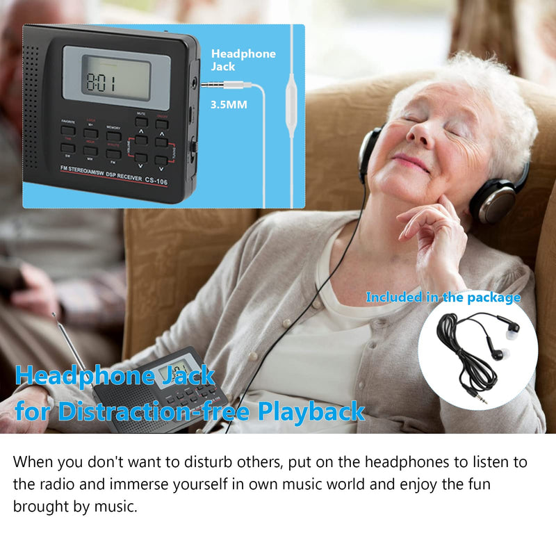 CS-106 Portable Radio - Mini FM/AM/SW/MW/LW/TV Full Band Receiver Radio for Worldwide Broadcasts with 3.5MM Earphone - Black