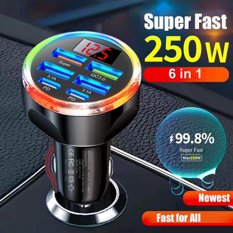 Super Fast Charge USB C Car Phone Charger Adapter 6 in 1 with Voltage Display, 250W Multi Port Cigarette Lighter USB Charge for iPhone 17 16 15 14 13 12 11 Samsung Galaxy Huawei Oneplus Oppo Vivo