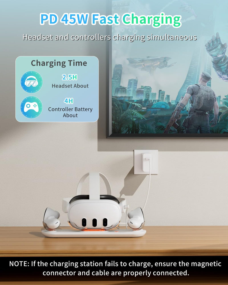 Charging Dock for Meta Quest 3, OLCLSS Charging Station for Oculus Quest 3 Accessories with RGB Light, Magnetic Charging Stand for VR Headset and Controller with 2 Rechargeable Batteries (White) White