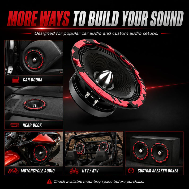 6.5 Inch Car Speakers, 800W Peak 4 Ohm 6.5 Speakers, Bullet Midrange Mid-Bass Door Speakers with Woven Fabric Cone, Multi-Layer Rubber Surround for Car Audio, 2 Pack Red 6.5 INCH