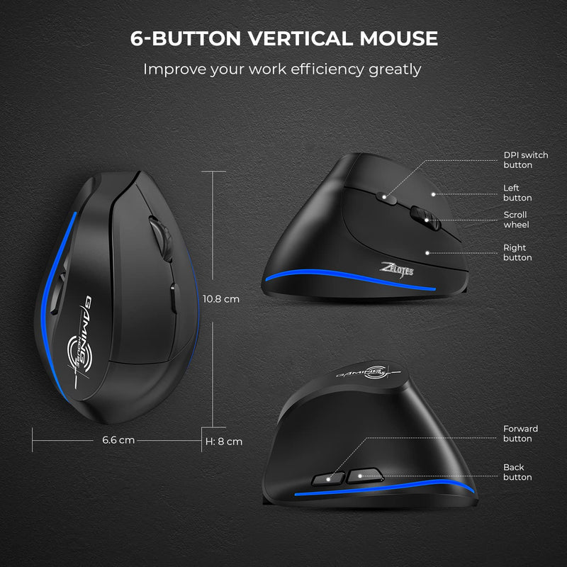 ECHTPower Rechargeable Ergonomic Mouse, 2.4G Wireless Vertical Mouse-Reduce Wrist Pain, 3 Adjustable DPI 2400/1600/1000, 6 Button, LED Wireless Mouse for Laptop, Computer, Desktop, Windows, Mac OS