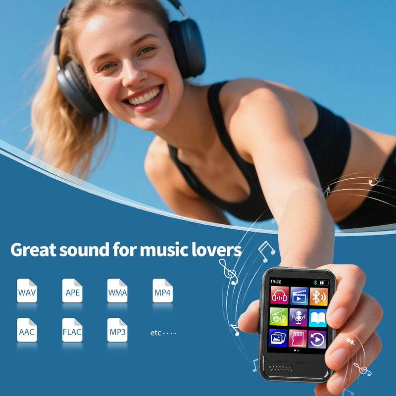Bluetooth MP3 Player, Portable Music Player with FM Radio, Voice Recorder, Ebook Digital Audio Player with 16GB Internal Memory Support TF Card up to 512GB 1.8" Black
