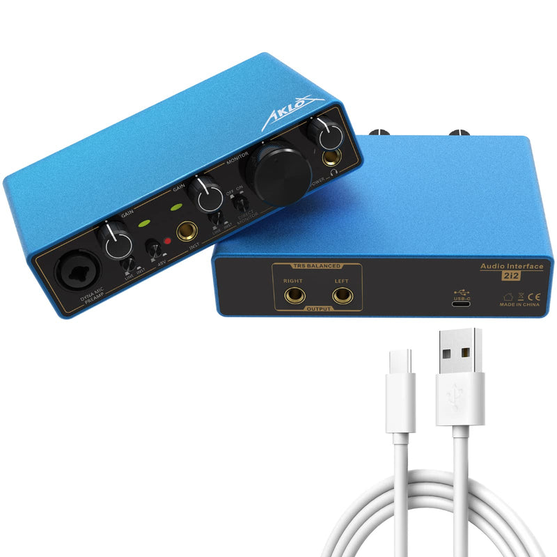 USB Audio Interface, AKLOT Xrl Audio Interfaces, for the Guitarist, Vocalist, Podcaster or Producer, 24-bit/192 kHz High-Fidelity, Studio Quality Recording, 2 In 2 Out Audio Interfaces for PC/Win/Mac 2In-2Out Blue