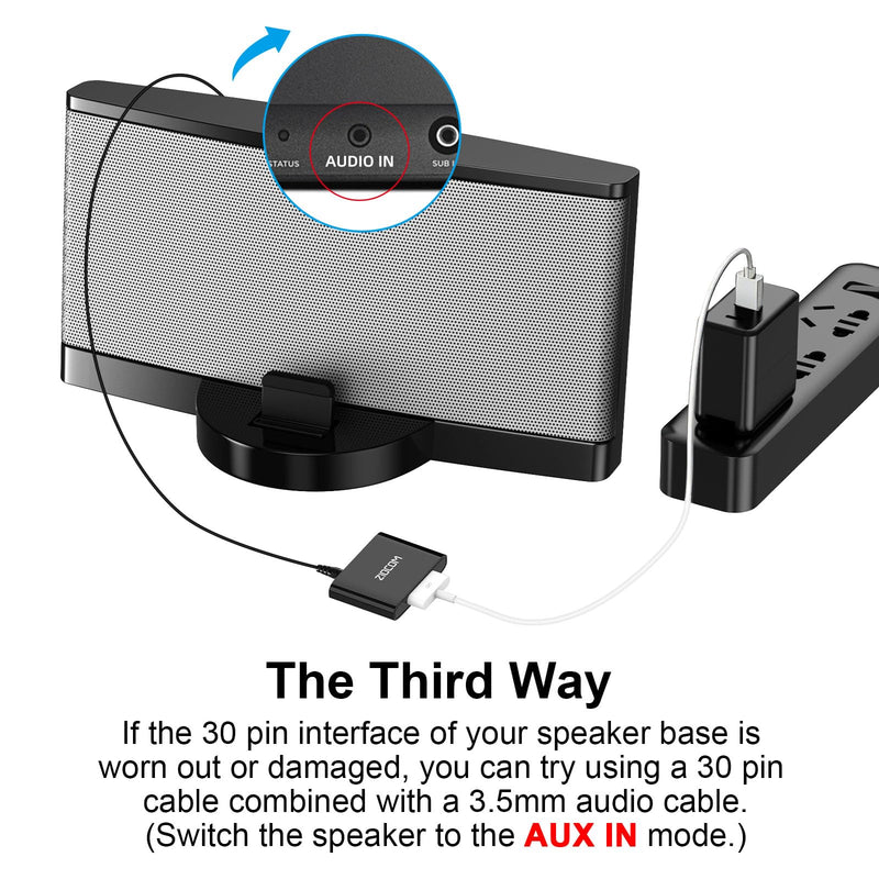 ZIOCOM 30 Pin Bluetooth Adapter Receiver for Bose iPod iPhone SoundDock and Other 30 pin Dock Speakers with 3.5mm Aux Cable(Not for Car and Motorcycles), Black