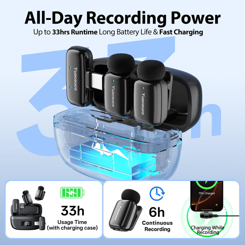 [AUSTRALIA] - Mini Wireless Lavalier Microphone for iPhone ipad Android, Noise Reduction and Mute, 33h Charging Case, AI Voice Changer, 131FT Range, Mini Lapel Mic for Video Recording, Vlogging, YouTube Mic Mini (2TX+1 C RX+1 Lightning RX+Charging Case 