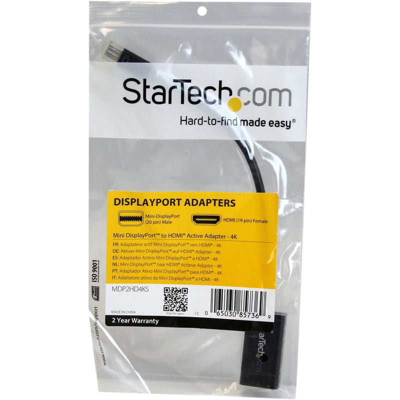 StarTech Active Mini DP to HDMI Adapter, 4K 30Hz, 1080p, DPCP (MDP2HD4KS) | mDP to HDMI Video Converter, Thunderbolt 1/2 Mac/PC to Monitor/TV, 7.1ch Audio, HDCP 1.4, No Drivers, 3840x2160, 1920 x 1200 Black