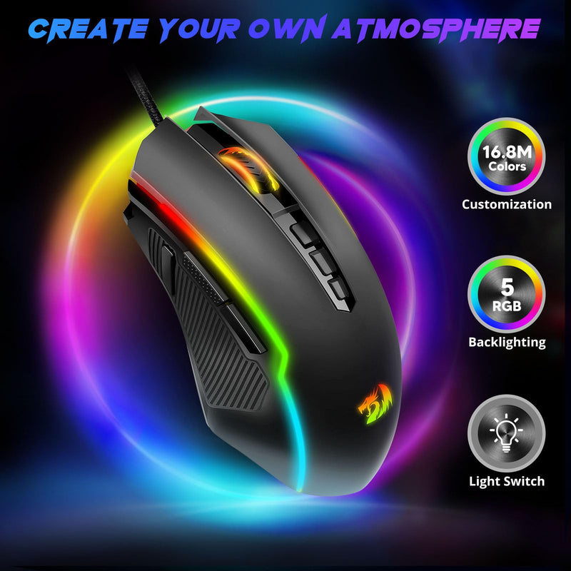 Redragon Gaming Mouse, Wired Gaming Mouse with RGB Backlit, 8000 DPI Adjustable, Mouse with 9 Programmable Macro Buttons & Fire Button, Software Supports DIY Keybinds, M910-K Black
