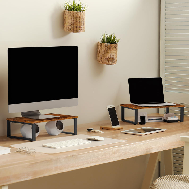 Wood Monitor Stand Riser, 2 Pack Desktop Laptop Riser for Dual Monitors & Printer, Engineered Wood Ergonomic Desktop Riser for Office PC Laptop, Rustic Brown