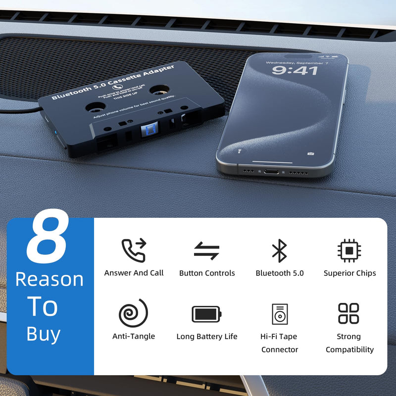 [AUSTRALIA] - Mersoco Car Bluetooth Cassette Reciver, Tape Player BT 5.0 Cassette Aux Adapter with Hands-Free Black 