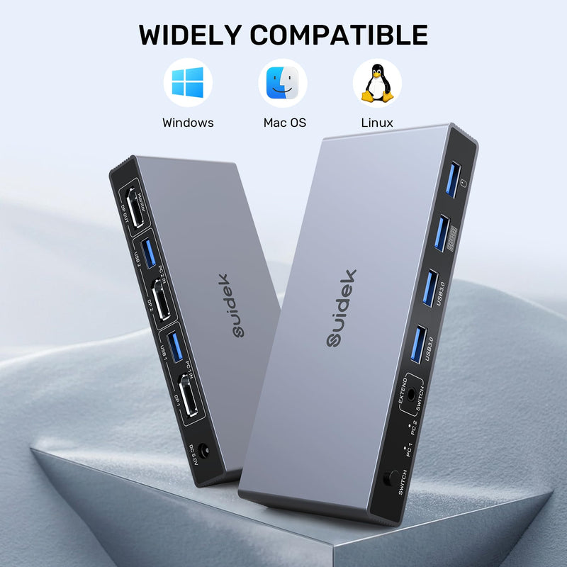 SUIDEK 8K@60Hz Displayport KVM Switch 1 Monitor 2 Computers, Aluminum | with 4 USB 3.0 Ports, Support 4K@144Hz for Two Computers Share One Screen Keyboard Mouse U-Disk Printer, Include 2 USB Cable 8K 1 Monitor 2 Dp