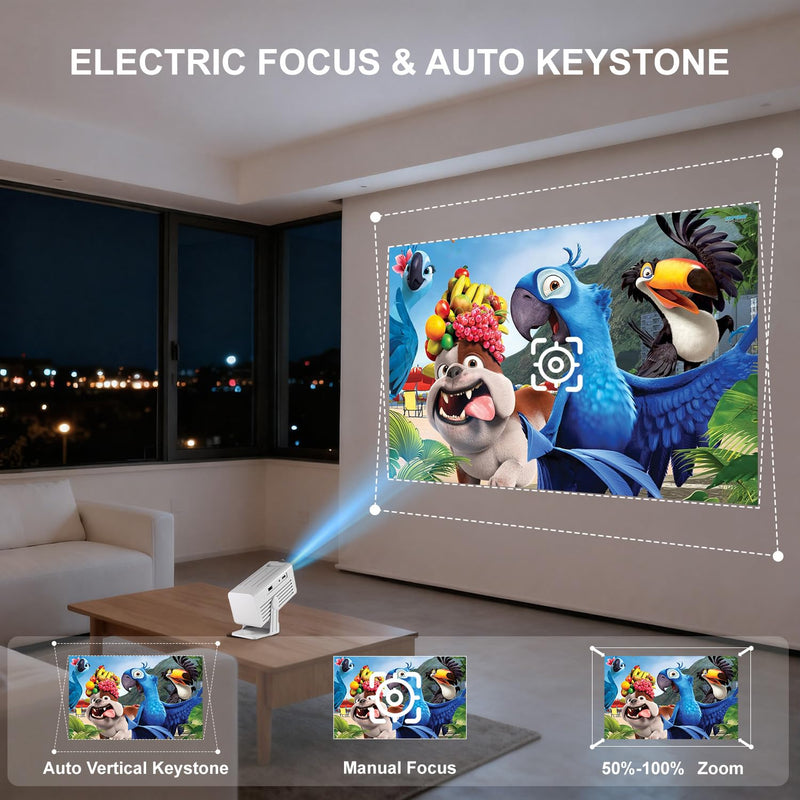 [Built-in Apps & 4K Support ] Mini Projector with Wifi and Bluetooth,Portable Projector Native 1080P Support Auto Keystone Movie Projector Compatible with HDMI/USB/iOS/Android,135° for Home,Outdoor White