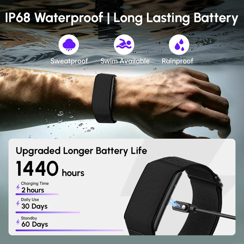 Fitness Smart Bracelet,24/7 Sleep + Health Tracker,170+ Sport Modes | Heart Rate, SpO2, Stress, Step & Calorie Tracker, 30 Days Battery, IP68 Waterproof, Screenless, Smart Wristband, Free App Black
