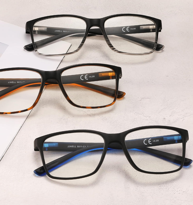 JJWELL 3 Pack Reading Glasses for Men Blue Light Blocking with Spring Hinge, Anti Eyestrain/Dryness/UV Large Wide Square Readers for Men, Two Tone Computer Reader Glasses Eyeglass(1.5 Strength) 3 Mixed Color(blue White Orange) 1.5x