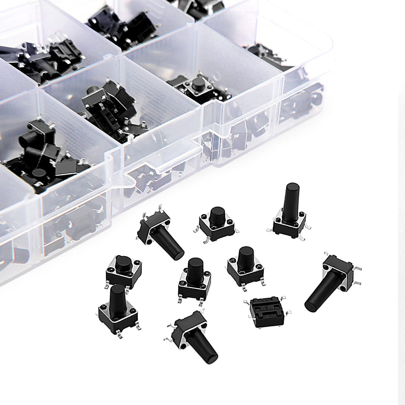 VooGenzek 200 Pieces 10 Values Micro Momentary Tactile Push Button Switch, 6 x 6 mm Tactile Push Button Switch, Button Micro Tactile Switch Kit, Black 6x6mm - Black - 200pcs