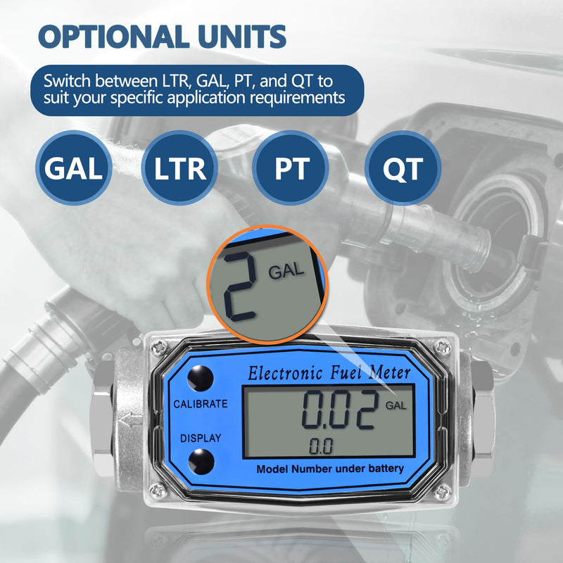[AUSTRALIA] - 1" Turbine Fuel Flow Meter, 2.6-26 GPM Inline NPT Thread Flowmeter with 3/4" Adapters,Digital Fuel Flow Meter,for Kerosene,Biodiesel, Light Chemicals- Supports Gallon, LTR, PT, QT 1 Inch & 3/4 Inch 