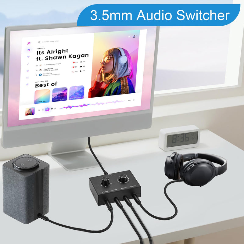 [AUSTRALIA] - 4 Way 3.5mm Stereo Audio Switch, AUX 3.5mm Audio Switch Audio Switcher Passive Speaker Headphone Manual Selector Splitter Box Audio Sharing (4/1 in -1/4 Out) 4 Port Black 