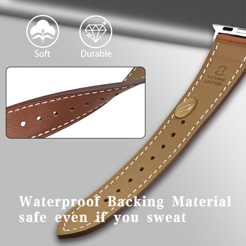 2 Pack Leather Bands(Yellow,Brown) Compatible with Apple Watch Band 38/40/41/42/44/45/46/49mm, Soft Leather Watch Replacement Band for Watch Series Ultra SE 10 9 8 7 6 5 4 3 2 1 for Women Men