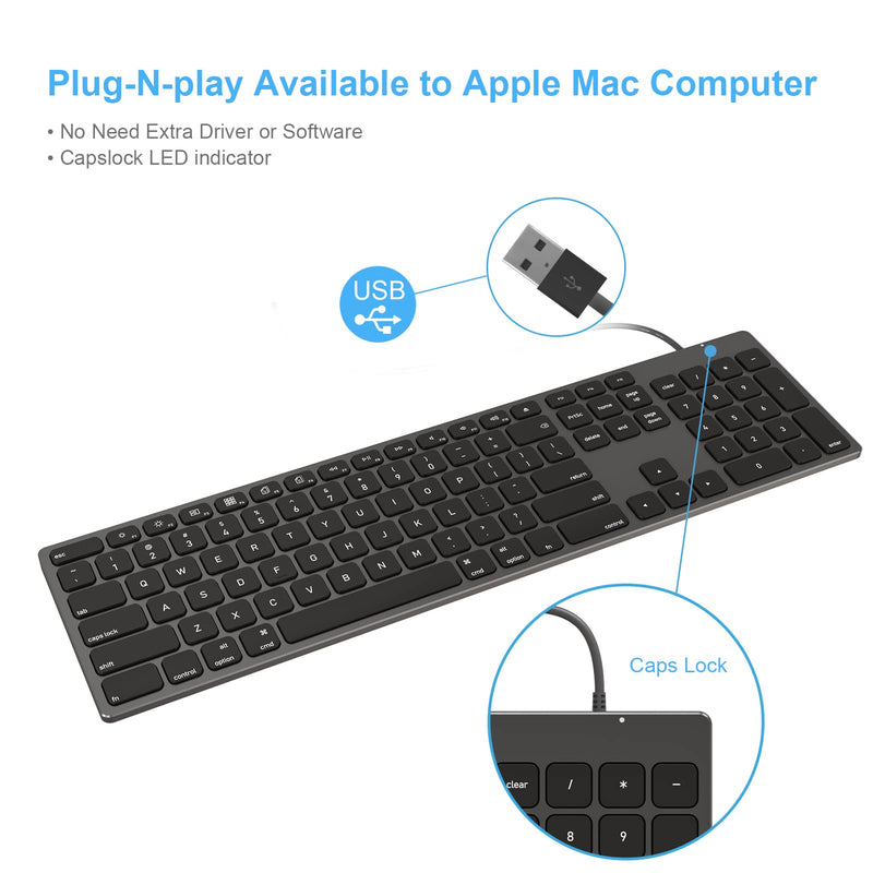 Aluminum USB Wired Keyboard with Numeric Keypad for Mac Pro, Mini Mac, iMac, iMac Pro, MacBook Pro/Air, Laptop and PC Computer Black